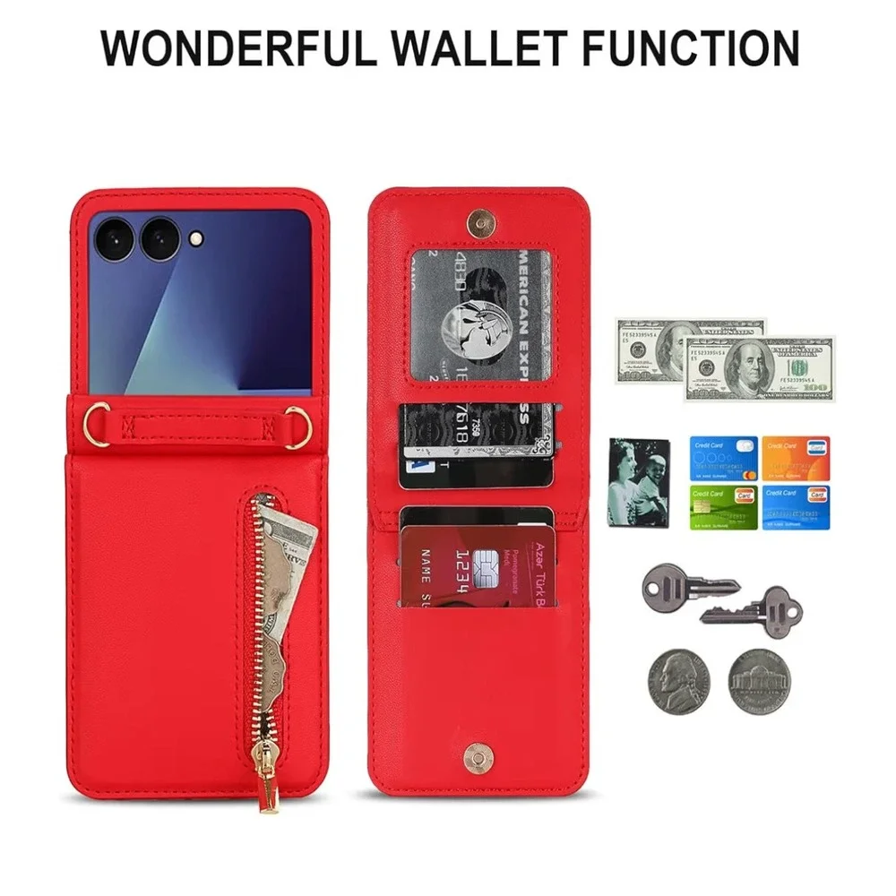 New XIMAND for Samsung Flip‎ Case Red Zipper Wallet Phone Protective